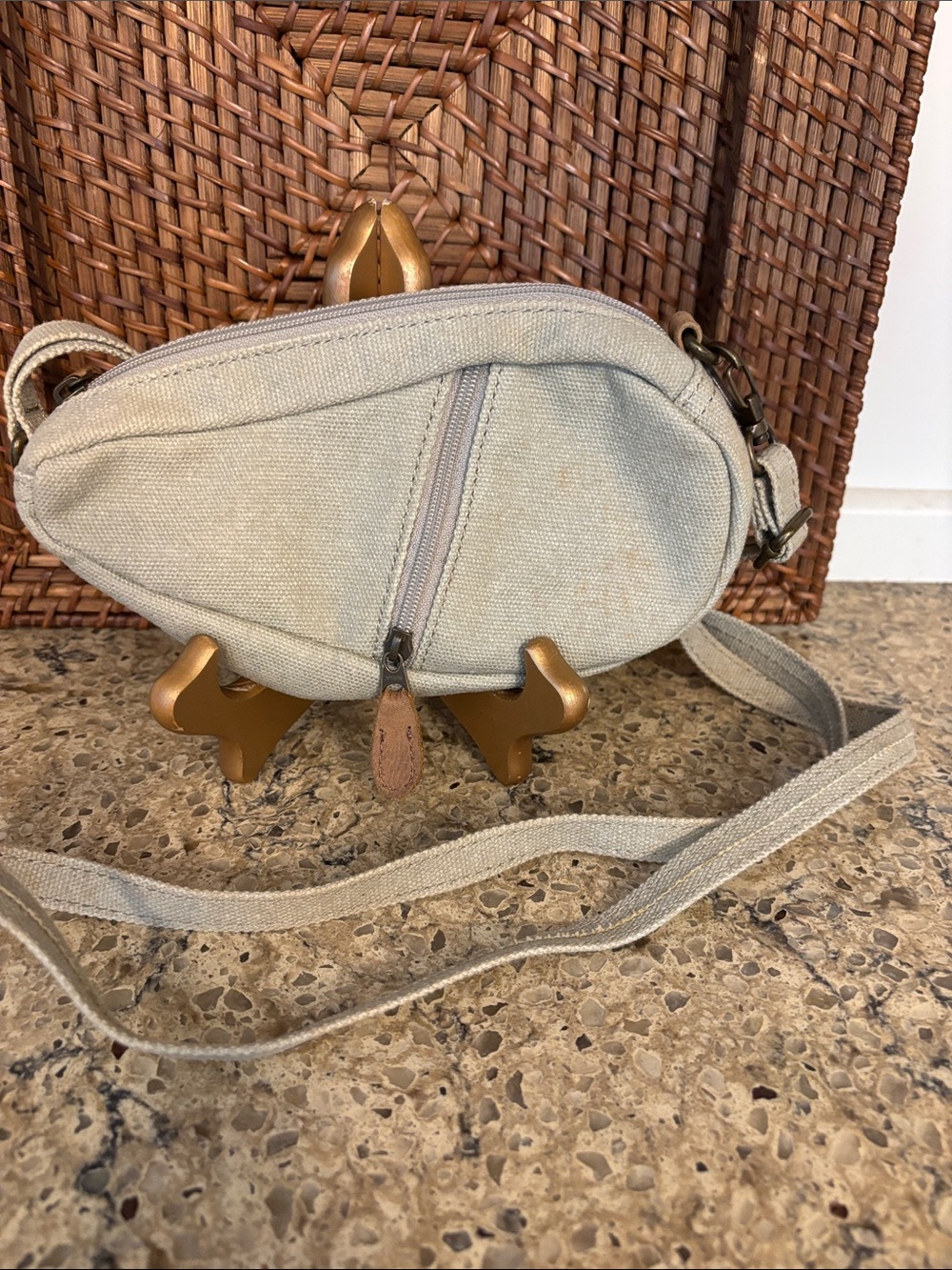 NWOT LL Bean Mini Ameribag Sling Crossbody Canvas Bag Light Beige Leather Trim